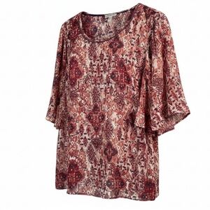 DRESS BARN Semi Sheer Printed Top Blouse Flutter Sleeve Red Pink Navy White 2X